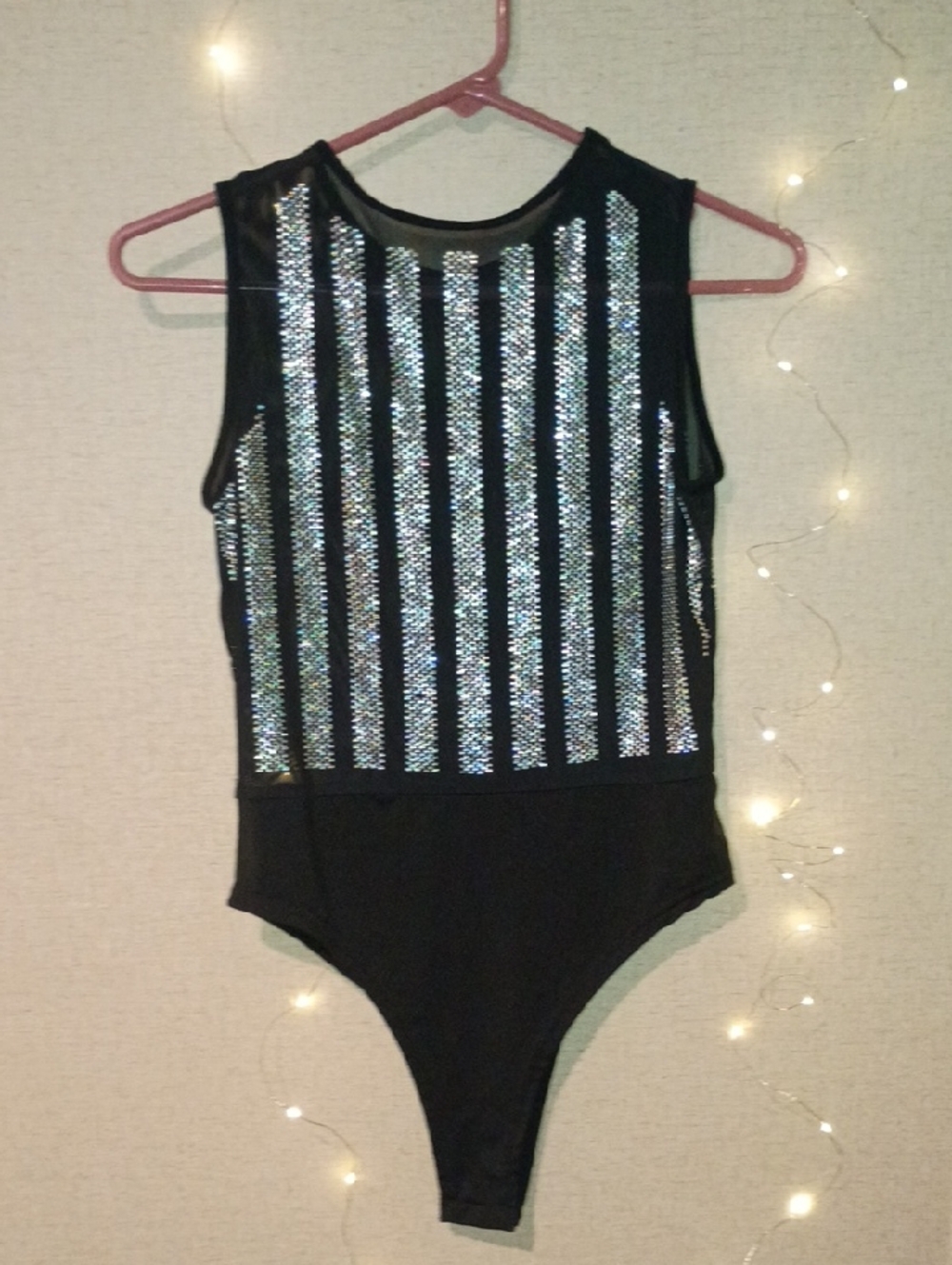 Black Sleeveless Sequin Stripe Bodysuit